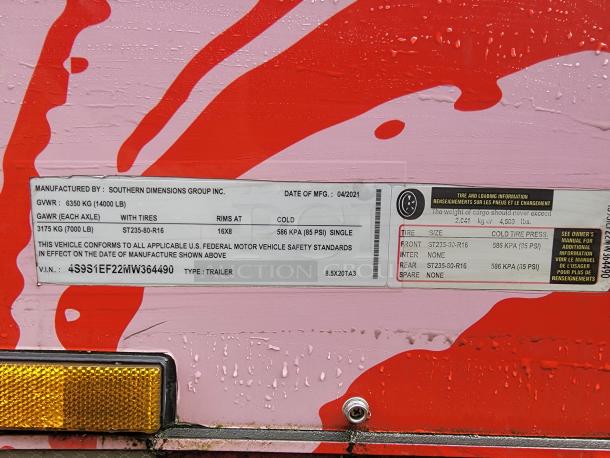 2021 SDG 8.5' x 20' food concession trailer label; shows manufacturing info, VIN: 4S9S1EF22MW364490, tire specs.