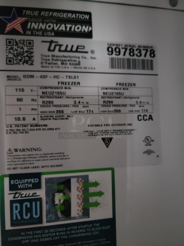 Freezer label showing True Refrigeration details, model GDM-43F-HC-TSL01, 115V, R290 refrigerant, serial 9978378.