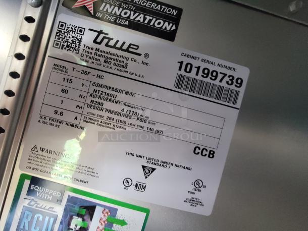 True Refrigeration label on a 2021 Diamond 24' mobile kitchen trailer. Indicates model T-35F-HC, using R290 refrigerant.