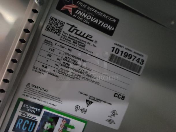 Label on True Refrigeration unit tag showing model T-35F-HC, using eco-friendly R290 refrigerant. Serial number 10199743.