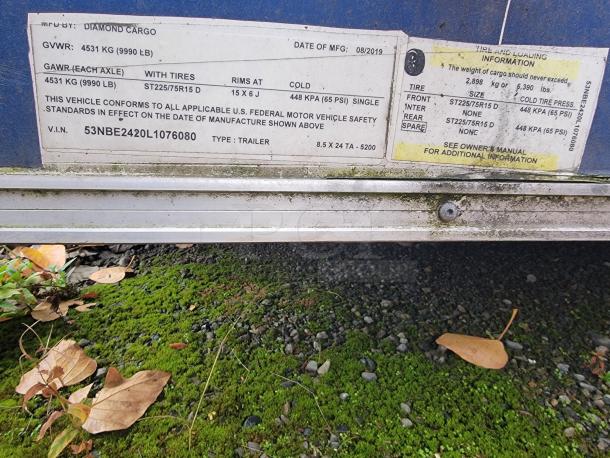 VIN plate on the 2019 Rock Solid Cargo 24' food trailer, showing specs including GVWR of 4531 kg and tire info.