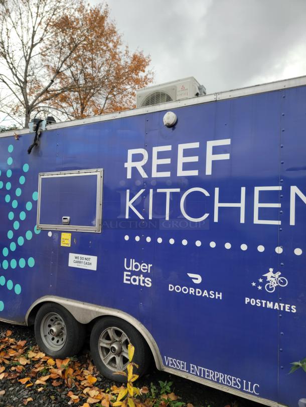 2019 Rock Solid 24' commercial food trailer, former REEF Kitchens unit. Exterior signage for Uber Eats, DoorDash, Postmates.