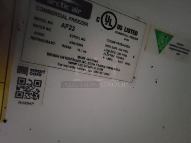 Label of Arctic Air commercial freezer model AF23 with serial number HS9010999, refrigerant R404A, UL listed.