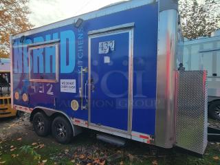 2021 Quality 16-Foot Kitchen Trailer, dual-axle, blue exterior, fully certified. "NBRHD Kitchens" branding visible.