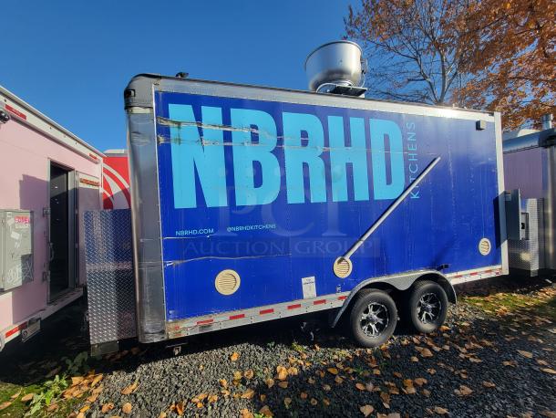 2021 Quality 16-Foot Commercial Kitchen Trailer, dual-axle, blue exterior with "NBRHD KITCHENS" branding. Ready for use.