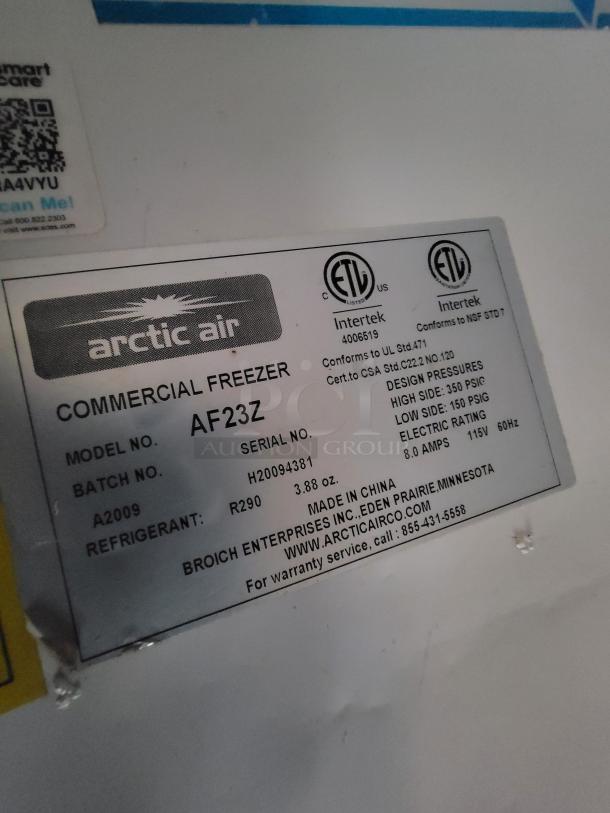 Arctic Air commercial freezer label, model AF23Z, batch H20094381, 115V, ETL listed, made in China.