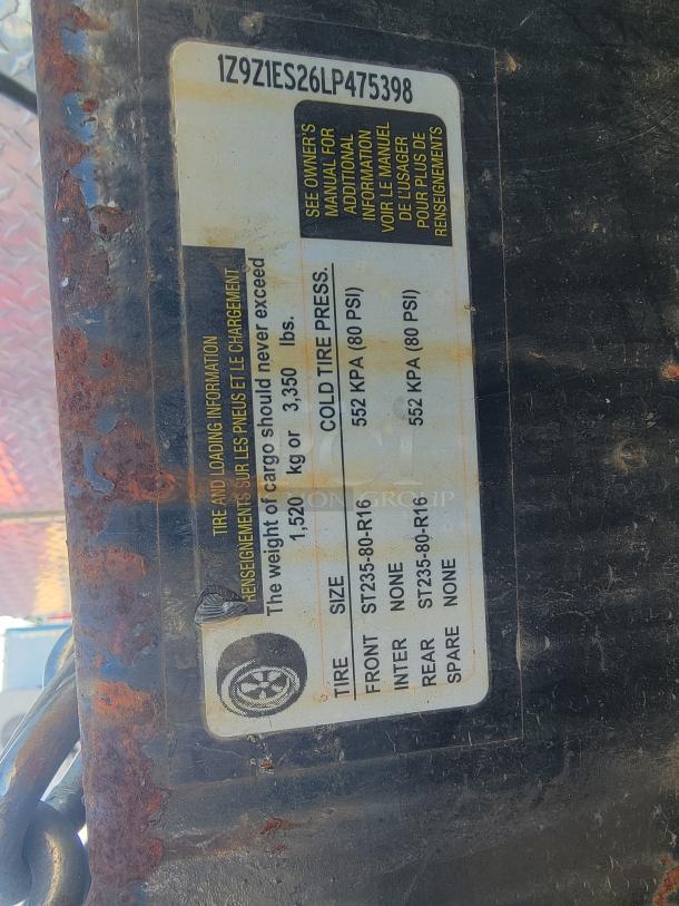 VIN label on 2020 Quality 24' Food Trailer. Includes VIN: 1Z9Z1ES26LP475398, tire size, and cold tire pressure details.