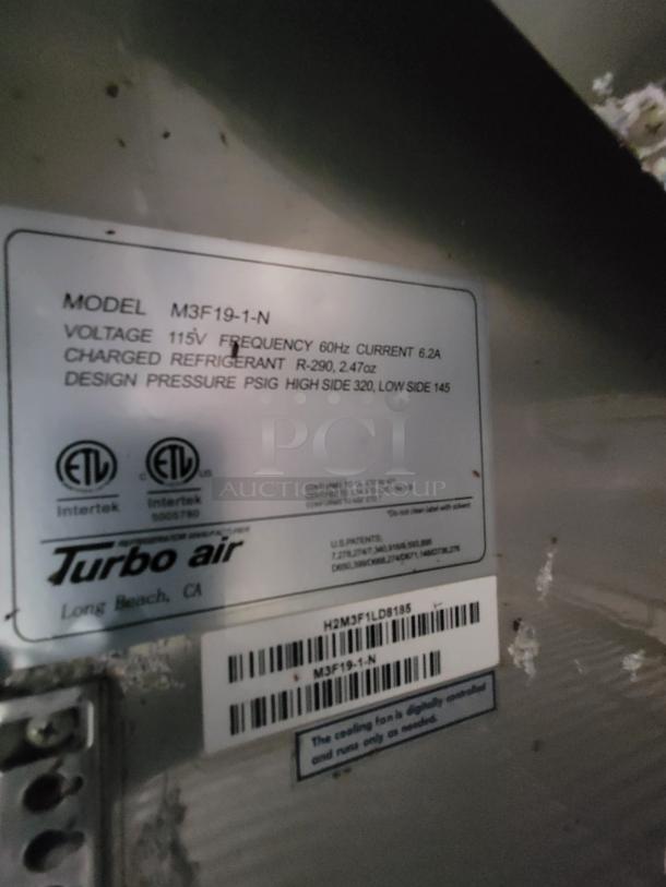 Label on Turbo Air unit, model M3F19-1-N, voltage 115V, refrigerant R-290, manufactured in Long Beach, CA.