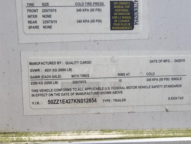 2019 Quality 24' food concession trailer label detailing GVWR 4531 kg, GAWR 2359 kg per axle, VIN: 50ZZ1E427KN012854.