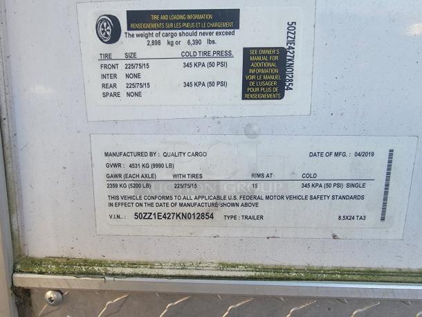 2019 Quality 24' food concession trailer details. Features include GVWR 4531 kg, tire size 225/75/15, VIN: 50ZZ1E427KN012854.