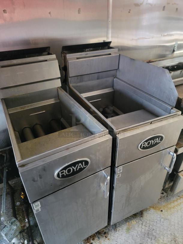 Royal gas range/griddle inside a 2019 Quality 24' food concession trailer. Stainless steel, commercial-grade equipment, used condition.