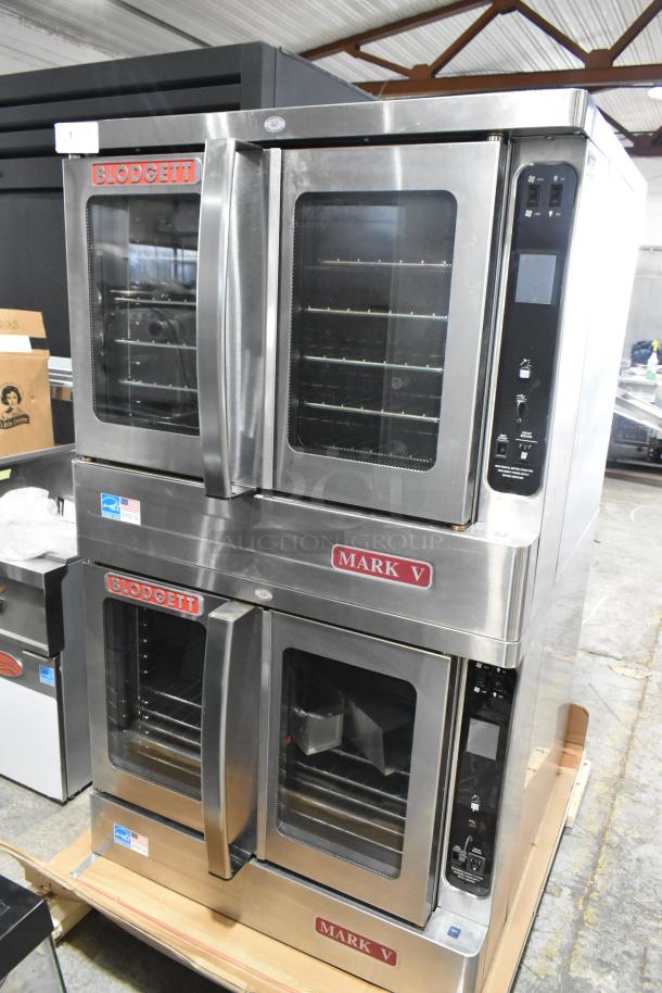 Blodgett MARK-V-100 convection ovens in stainless steel with view-through doors, metal racks, and casters. 208V, 3-phase.