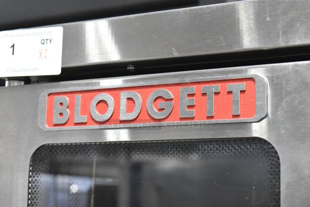 2025 Blodgett MARK-V-100 stainless steel convection oven, view-through doors, metal racks, commercial casters, 208V, 3-phase.