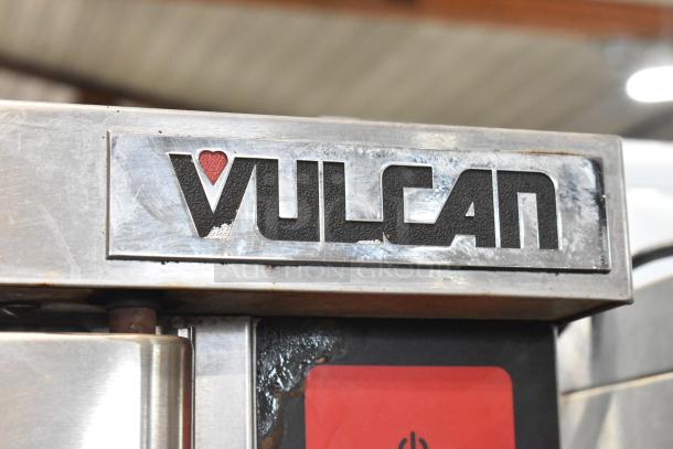 Stainless steel Vulcan logo on the VC6GD-SEFCAM commercial convection oven with view-through doors.