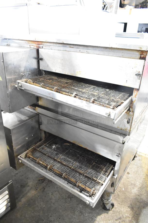 2021 Middleby Marshall PS638G stainless steel conveyor pizza ovens, natural gas, 89,000 BTU, on casters.