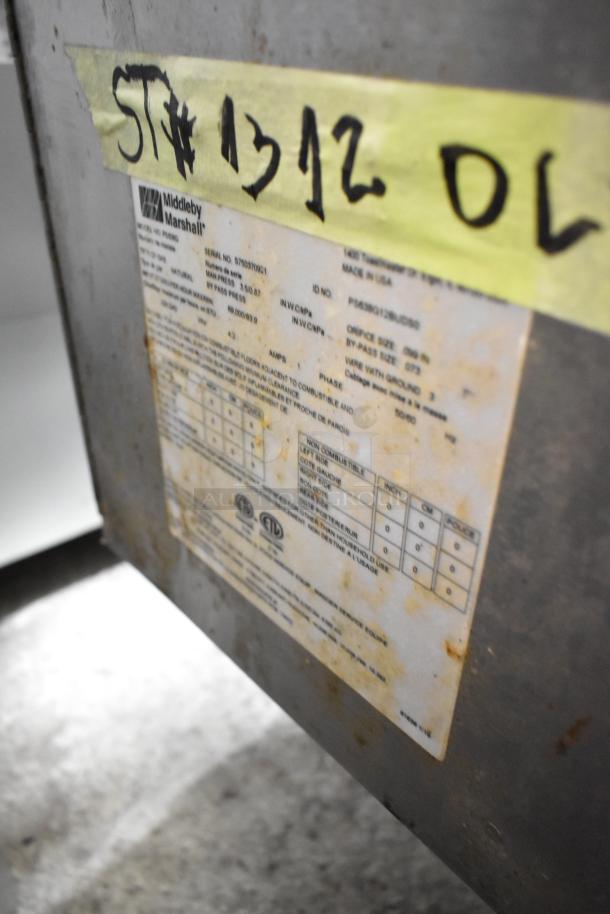 Middleby Marshall PS638G stainless steel commercial conveyor pizza oven, natural gas, 89,000 BTU, ID label visible.