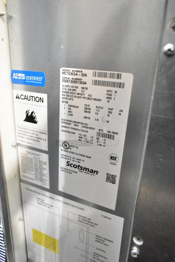 Scotsman MC1030SA-32A Prodigy Elite 30" ice machine label, showing model, serial number, and electrical specifications.