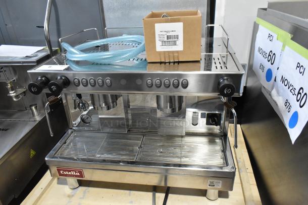 Estella ECEM2 stainless steel espresso machine, brand new, with 2 groups, 3 portafilters, and steam wands. 220-240V, 1 phase.