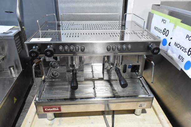 Estella ECEM2 stainless steel, two-group automatic espresso machine, new scratch and dent, with 3 portafilters, steam wands.