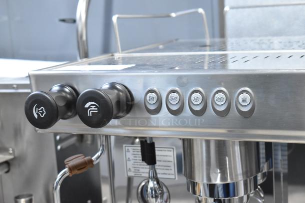 Estella ECEM2 Stainless Steel Commercial Espresso Machine, new, two group, automatic, with 3 portafilters, steam wands.
