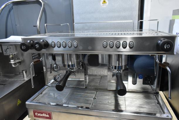 Estella ECEM2 stainless steel commercial espresso machine, brand new scratch and dent, 2 group, 3 portafilters, steam wands.