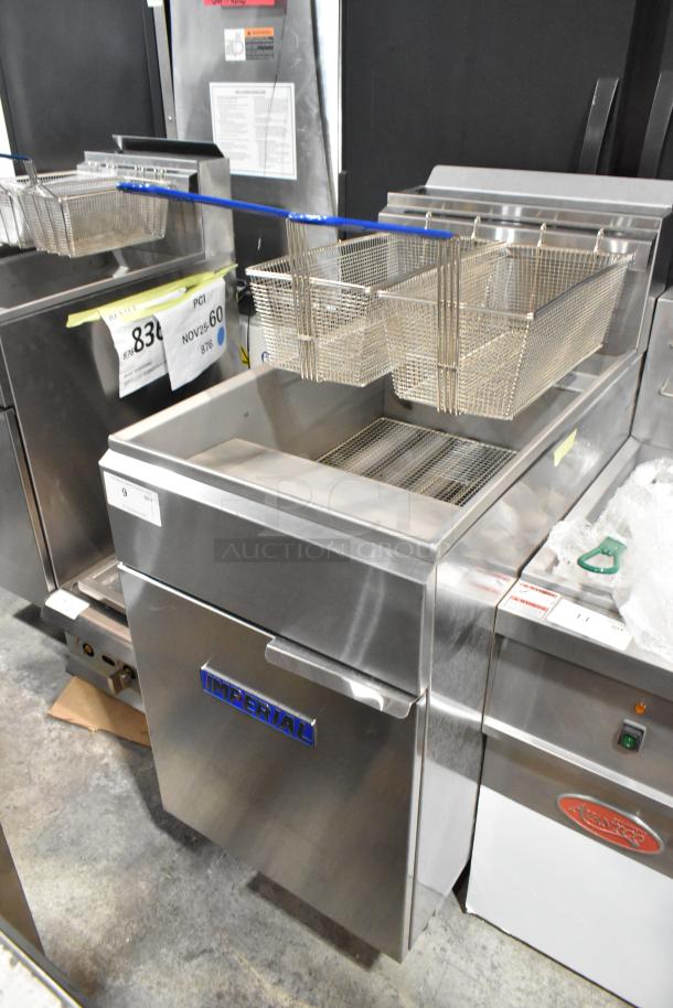 Brand new Imperial IFS-75 stainless steel commercial gas fryer, 175,000 BTU, with 2 metal baskets, visible minor scratches.