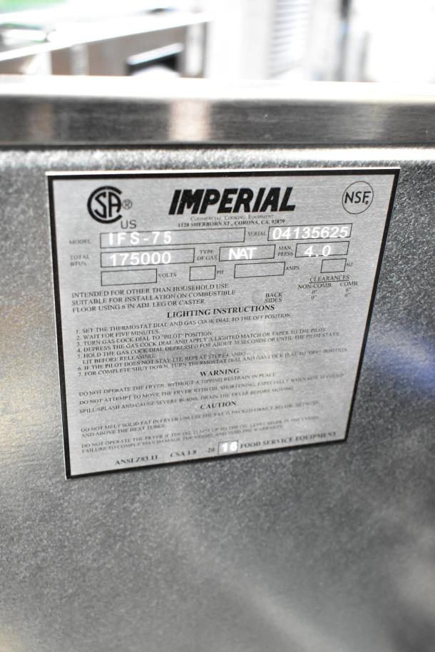 Imperial IFS-75 stainless steel deep fryer, 175,000 BTU, natural gas, includes 2 fry baskets, new with scratches.