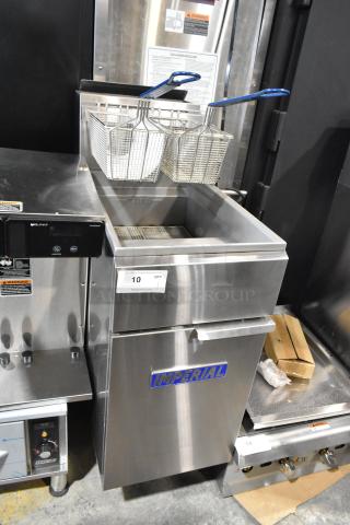 Brand new Imperial IFS-50 stainless steel commercial deep fryer, natural gas, 140,000 BTU, 2 metal baskets, minor scratches.