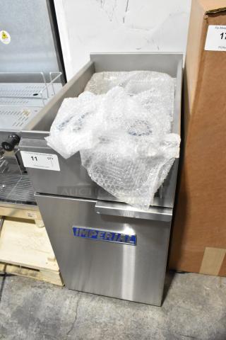 Brand new Imperial IFS-40-E stainless steel electric fryer, 208 volts, 1 phase, with two metal fry baskets.