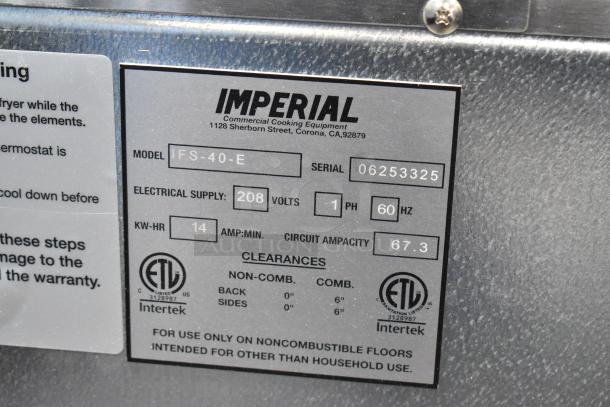 New 2025 Imperial IFS-40-E stainless steel electric deep fat fryer, 208V, 1 phase, with 2 metal baskets, scratch and dent condition.