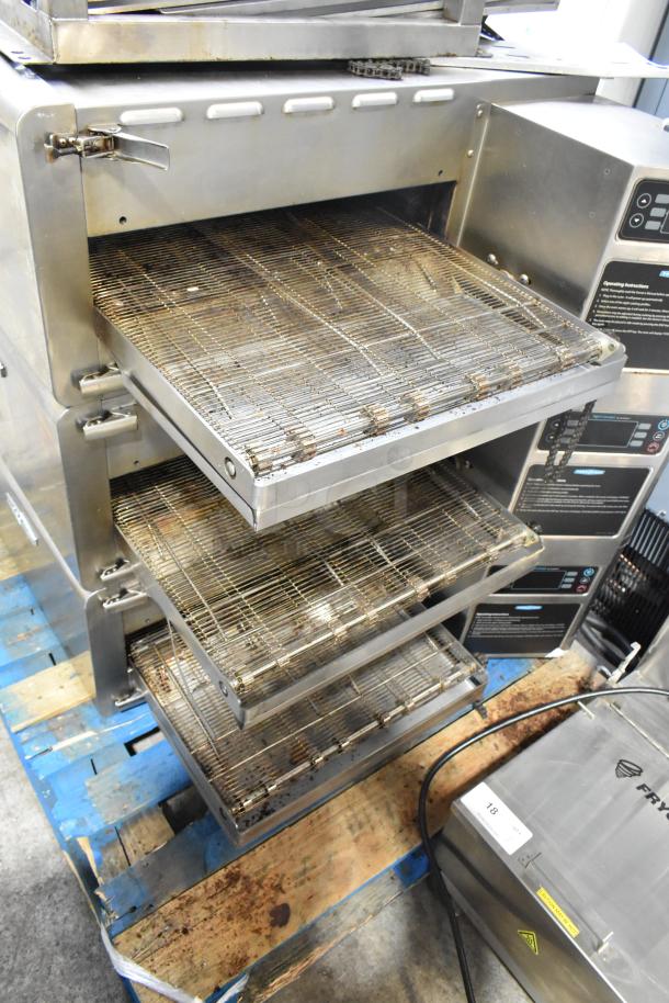 Turbochef HhC2020 stainless steel commercial conveyor oven, electric, with stand on casters, showing used condition.