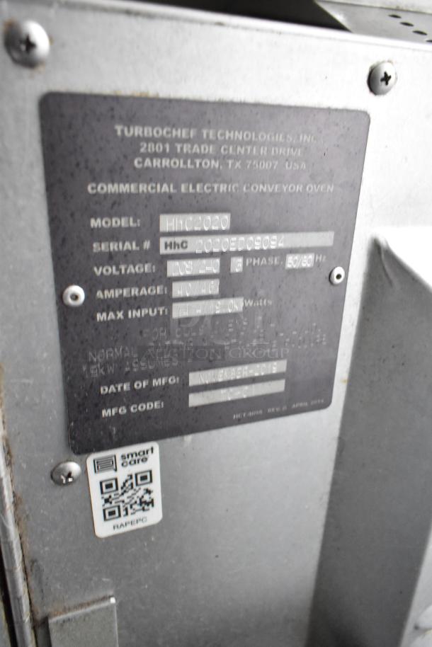Close-up of the Turbochef HhC2020 oven label, showing model, serial number, voltage, and manufacturing details.