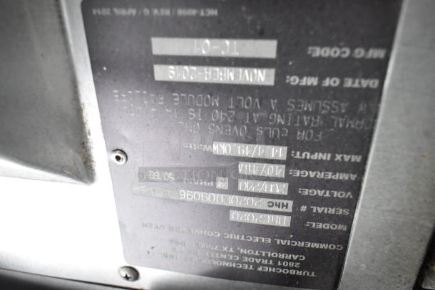 Turbochef HhC2020 conveyor oven label showing model, serial number, voltage, and 2019 manufacture date.