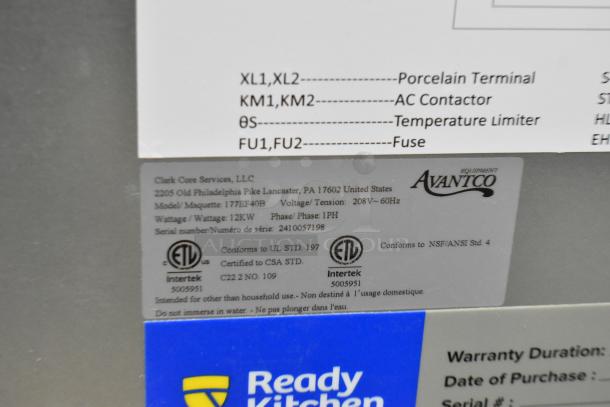 Label on Avantco 177EF40B fryer, 208V, 1PH, 12KW. ETL, NSF certified. Marks: voltage, phase, wattage, certifications.