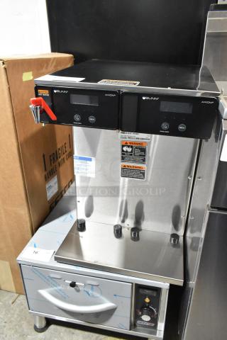 Brand new 2025 Bunn Axiom Twin APS stainless steel commercial airpot coffee brewer with hot water dispenser. Model visible.