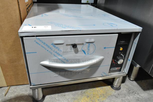 ServIt 423WDNFS1 stainless steel drawer warmer, 120V, new scratch and dent, protective film, control panel visible.