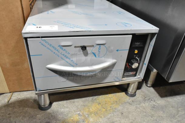 Brand new ServIt 423WDNFS1 stainless steel drawer warmer with slight scratches. 120V, single phase, freestanding design.