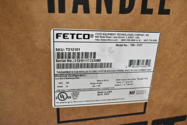 Brand new 2023 Fetco TBS-2121 stainless steel commercial iced tea brewer tag. 120V, 1 Phase, Model TBS-2121. Scratch and dent item.