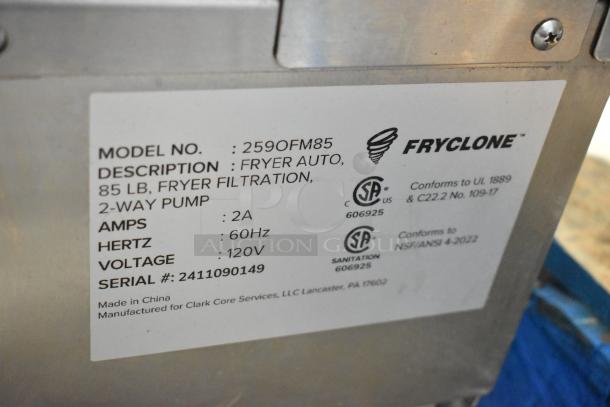 Label on Fryclone 259OFM85 fryer oil filter machine, detailing model, specs, compliance certifications, and serial number.