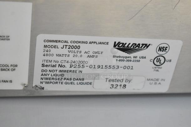 Stainless steel Vollrath JT2000 commercial conveyor toaster label, 240V, 4800W, made in USA, NSF/UL listed, serial P255-01915553-001.