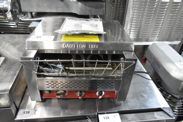 Brand new Avantco 184T3600D stainless steel conveyor toaster, 14.5" wide, 3" opening, 1200 slices/hr. "Caution Hot" label.