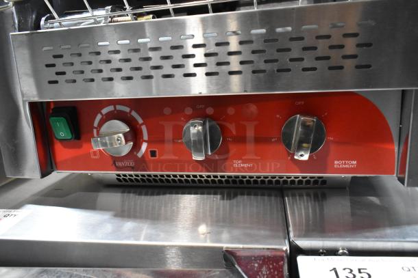 Brand new Avantco 184T3600D stainless steel conveyor toaster, 14.5" wide, 3" opening, 1200 slices/hour, minor dents.