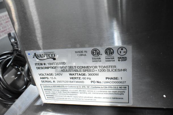 Brand new Avantco 184T3600D stainless steel conveyor toaster, 14.5" wide, 3" opening, 1200 slices/hr, 240V, 1 phase.