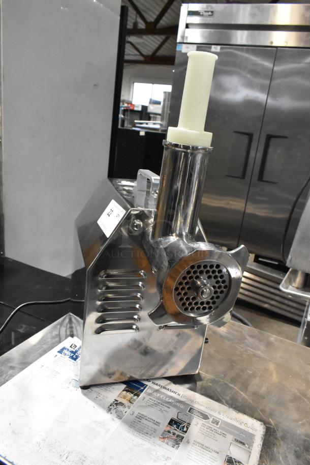 Brand new Avantco 177MG22R stainless steel commercial meat grinder, featuring reverse function. Minor scratches visible.