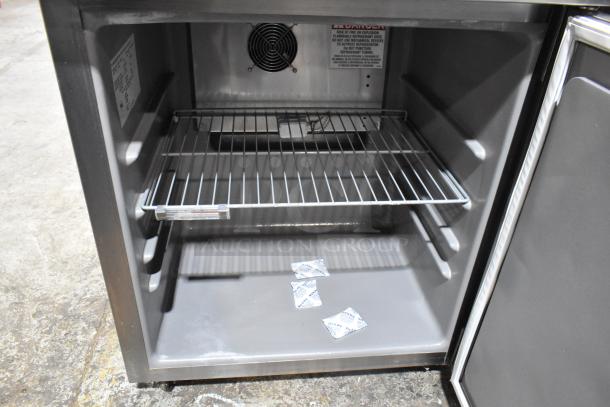 2022 Delfield 406P-STAR2 stainless steel undercounter cooler, single door, commercial casters, interior view, 115V, 1 phase.
