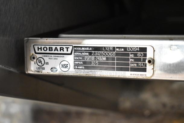 2023 Hobart LXER Stainless Steel Commercial Undercounter Dishwasher label, showing model and electrical specifications.