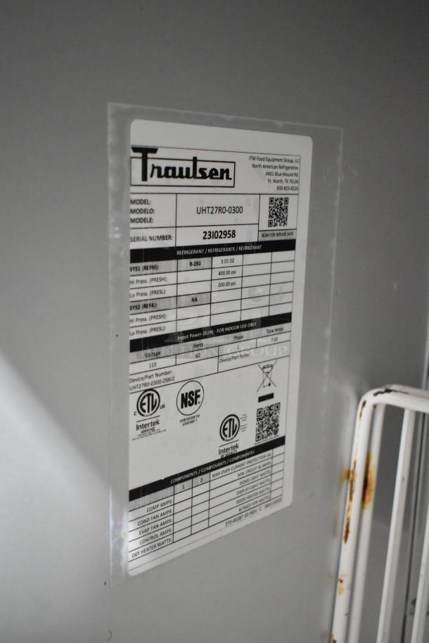 2023 Traulsen UHT27R0-0300 stainless steel single door undercounter cooler label showing model, voltage, and certifications.