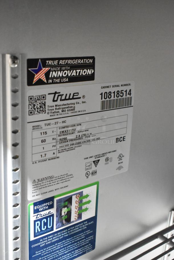 2024 True TUC-27-HC stainless steel undercounter cooler label, showing specs: 115V, 1 phase, R290 refrigerant.