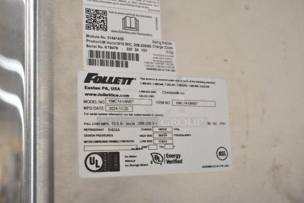 2024 Follett HMC1410WBT stainless steel nugget ice machine on Ice-O-Matic bin, 208-230V, 1 phase. Labels detail model and specs.
