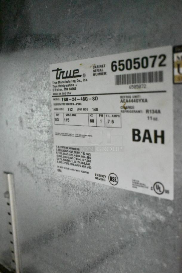 True TBB-24-48G-SD commercial cooler label showing model, voltage, and specifications. Used in undercounter bars.